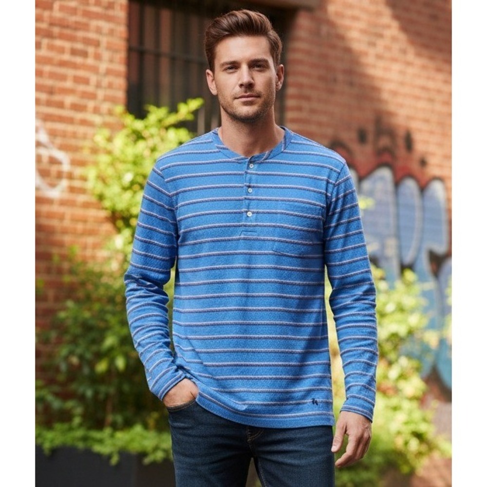 Brooks Brothers 1818 Men's Striped Long Sleeve Henley Shirt Size L Cotton Blue